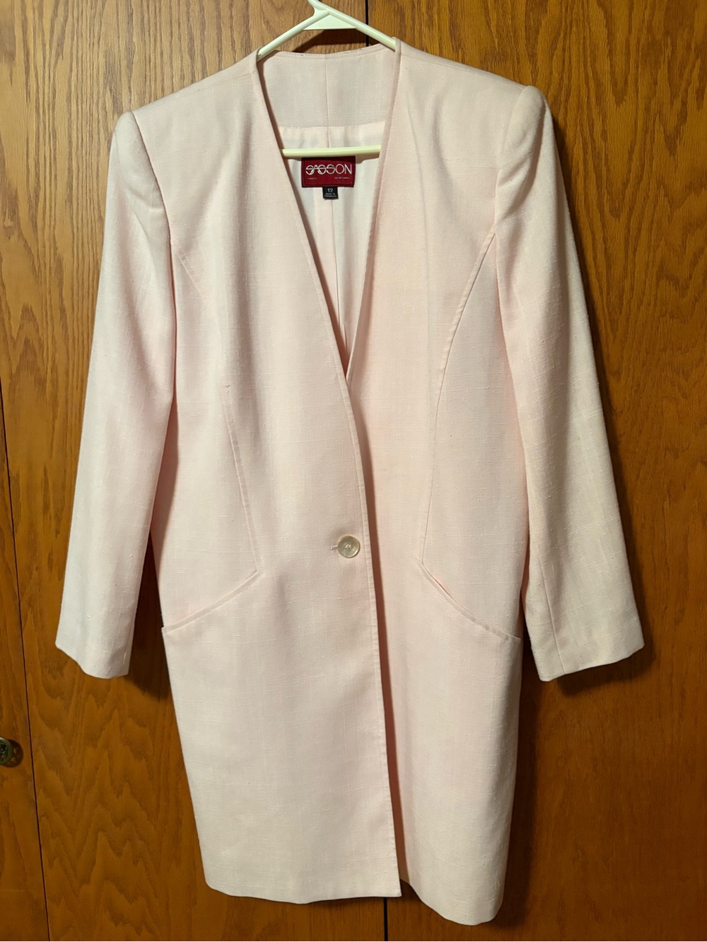 Vintage 80s Sasson Pastel Pink Collarless Longline Blazer Jacket - Size 12